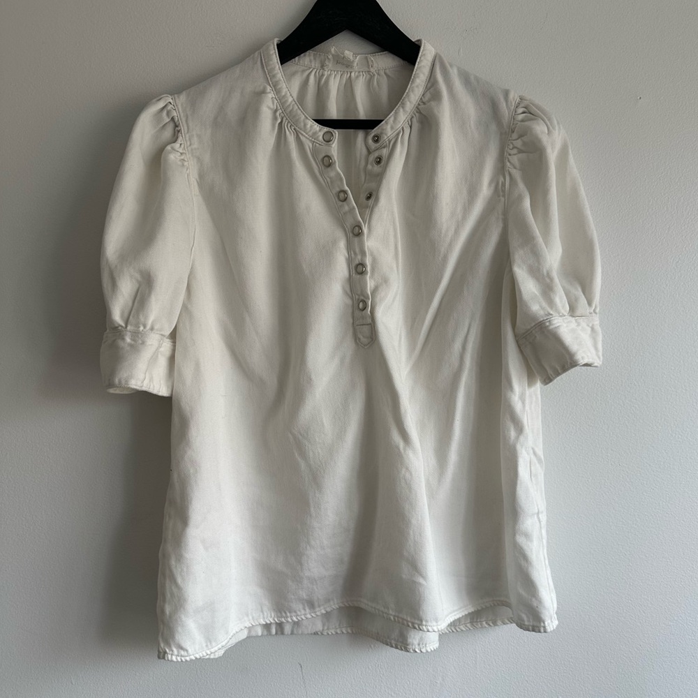 ba&sh 100% Cotton White Puff-Sleeve Button Henley Top Size 3 /‎ Large